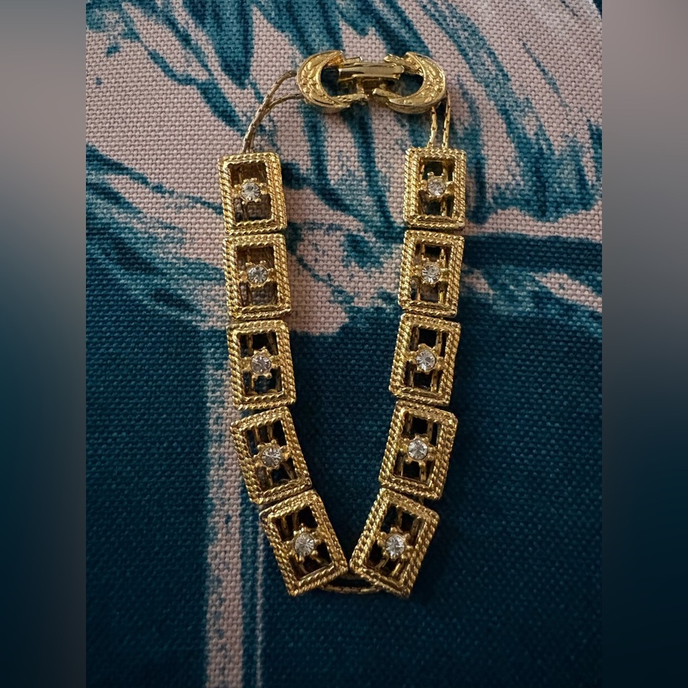 Vintage Gold Tone & Zirconia Square Link Bracelet